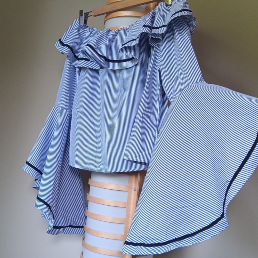 Ptp19" Striped Off-Shoulder Ruffled Blouse with Flared Sleeves - Picture 12 of 12